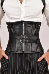 Men's leather corset with shoulder harness, offering a rugged and stylish design for added support and a bold look.
