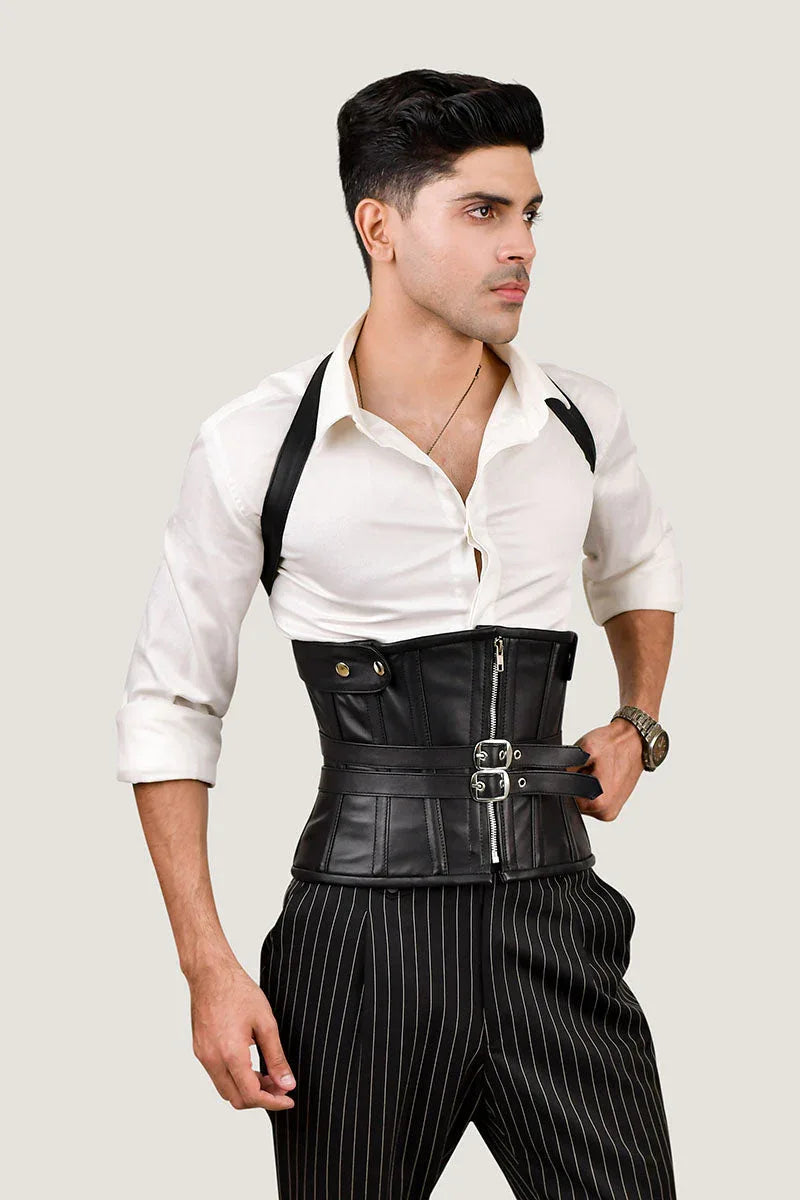 Men's leather corset with shoulder harness, offering a rugged and stylish design for added support and a bold look.