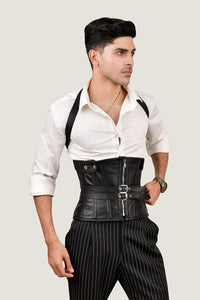 Men's leather corset with shoulder harness, offering a rugged and stylish design for added support and a bold look.
