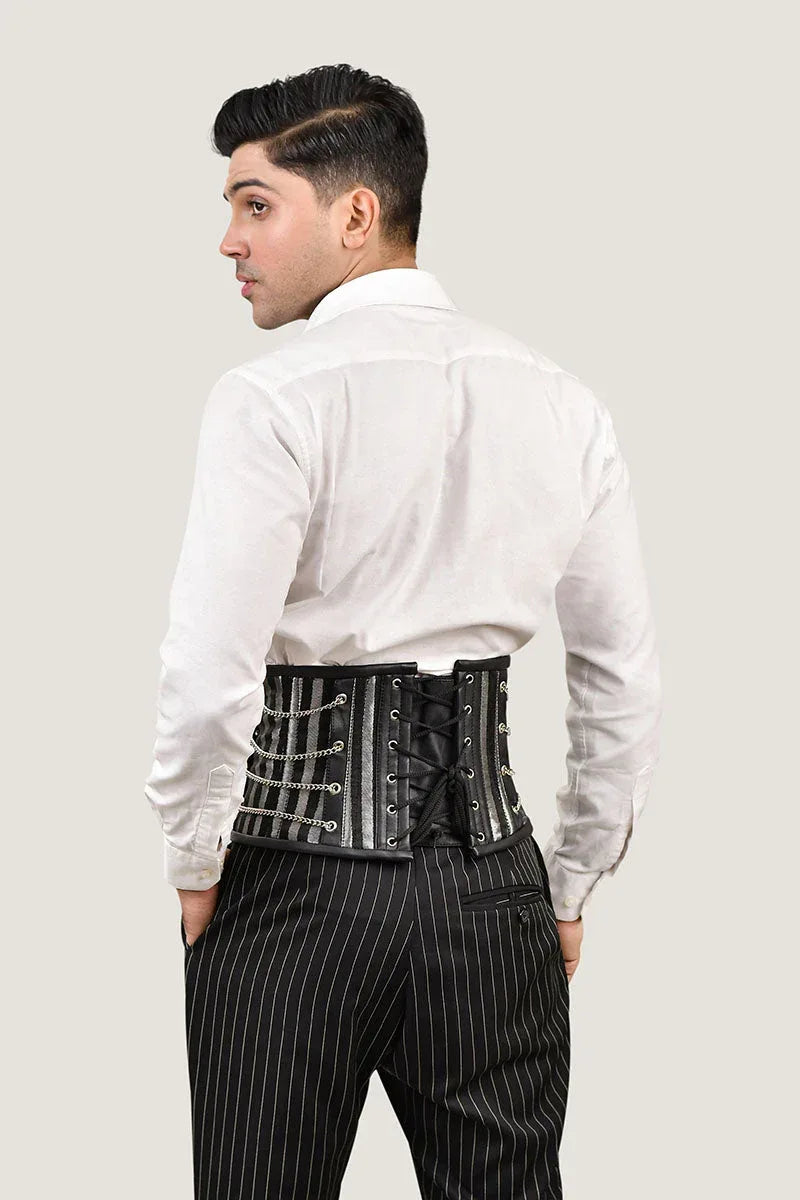 Black & Silver Brocade Men Waist Cincher - Miss Leather Wholesale