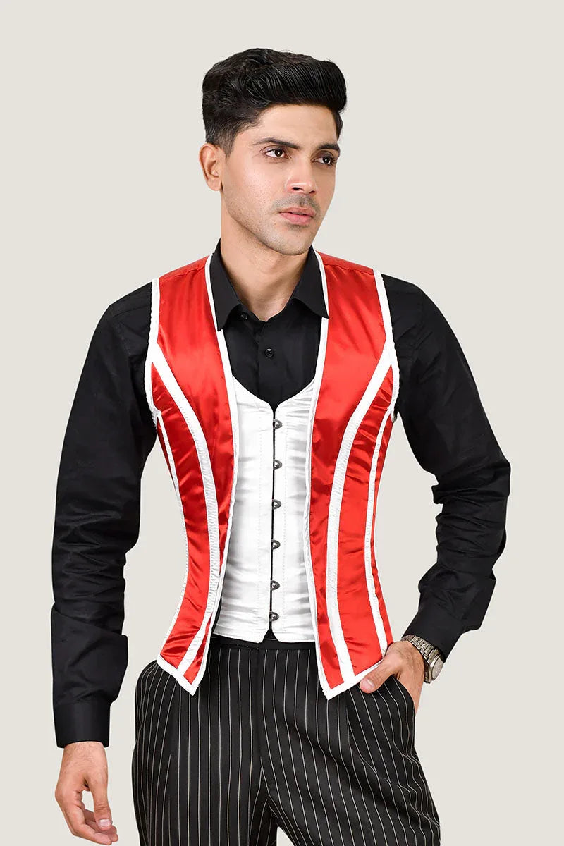 Red and white male corset vest, offering a stylish and fitted design for a striking appearance.