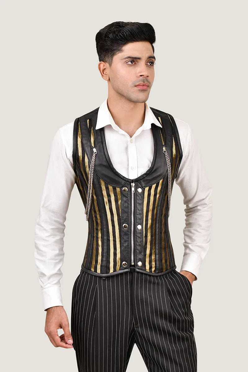 Mens Stripped Line Brocade Corset Vest