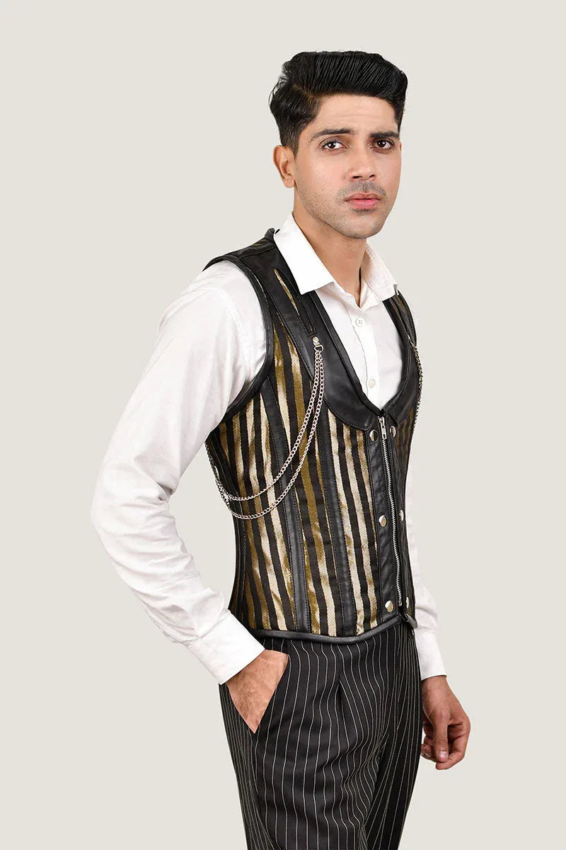 Mens Stripped Line Brocade Corset Vest