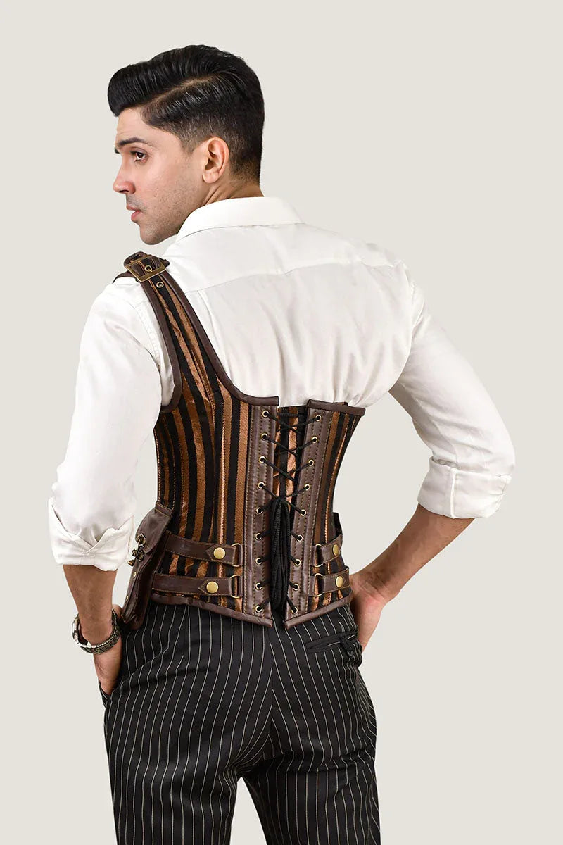 Men’s Leather & Brocade Corset – Structured Waist Cincher