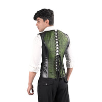 Mens Gothic Green Brocade Corset Vest with Leather Details