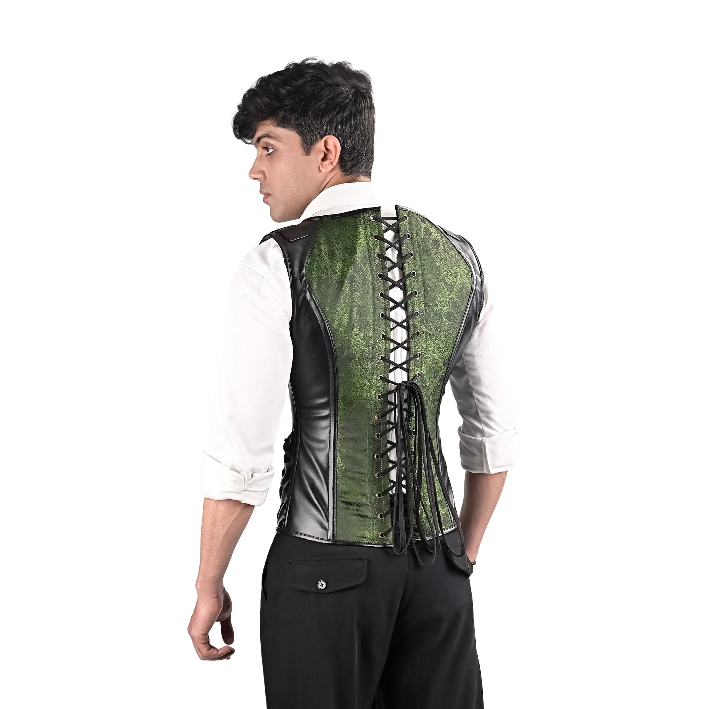 Mens Gothic Green Brocade Corset Vest with Leather Details