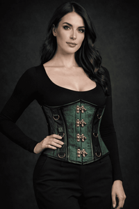 Green Brocade Under bust Corset with Black Leather Details
