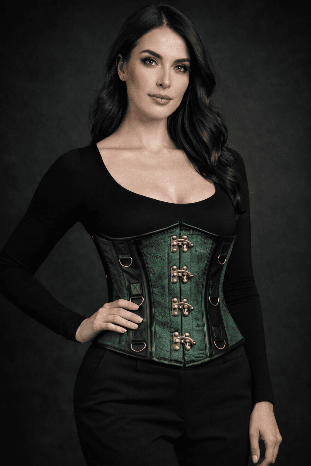 Green Brocade Under bust Corset with Black Leather Details