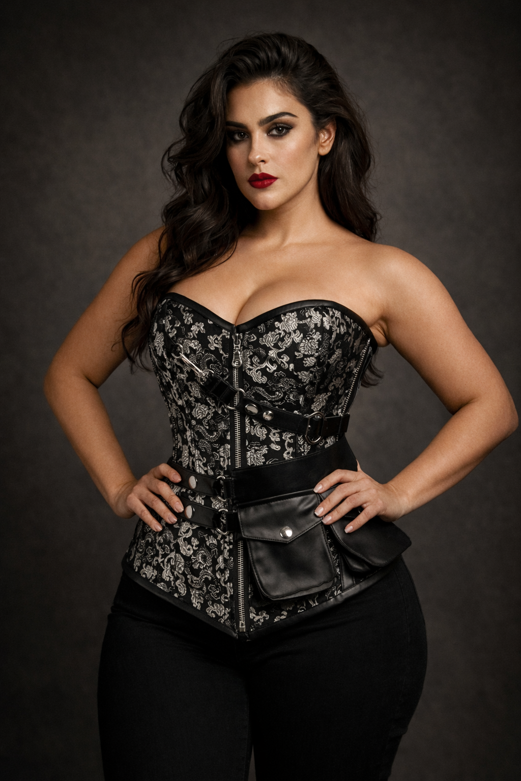White and Black corset with Leather Bag- Over Bust Corset