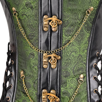Mens Gothic Green Brocade Corset Vest with Leather Details