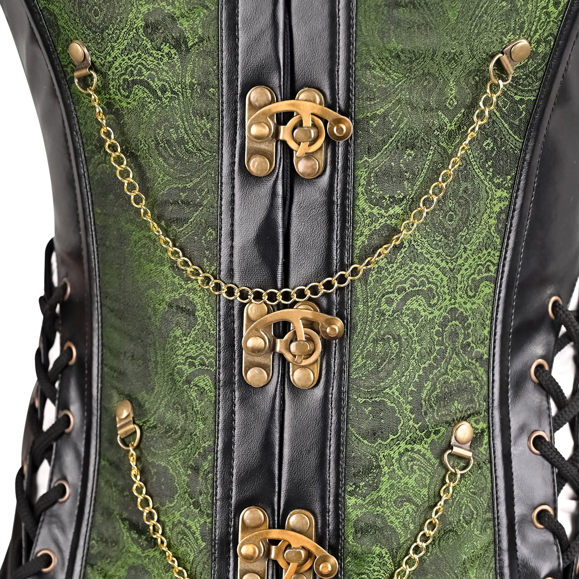 Mens Gothic Green Brocade Corset Vest with Leather Details