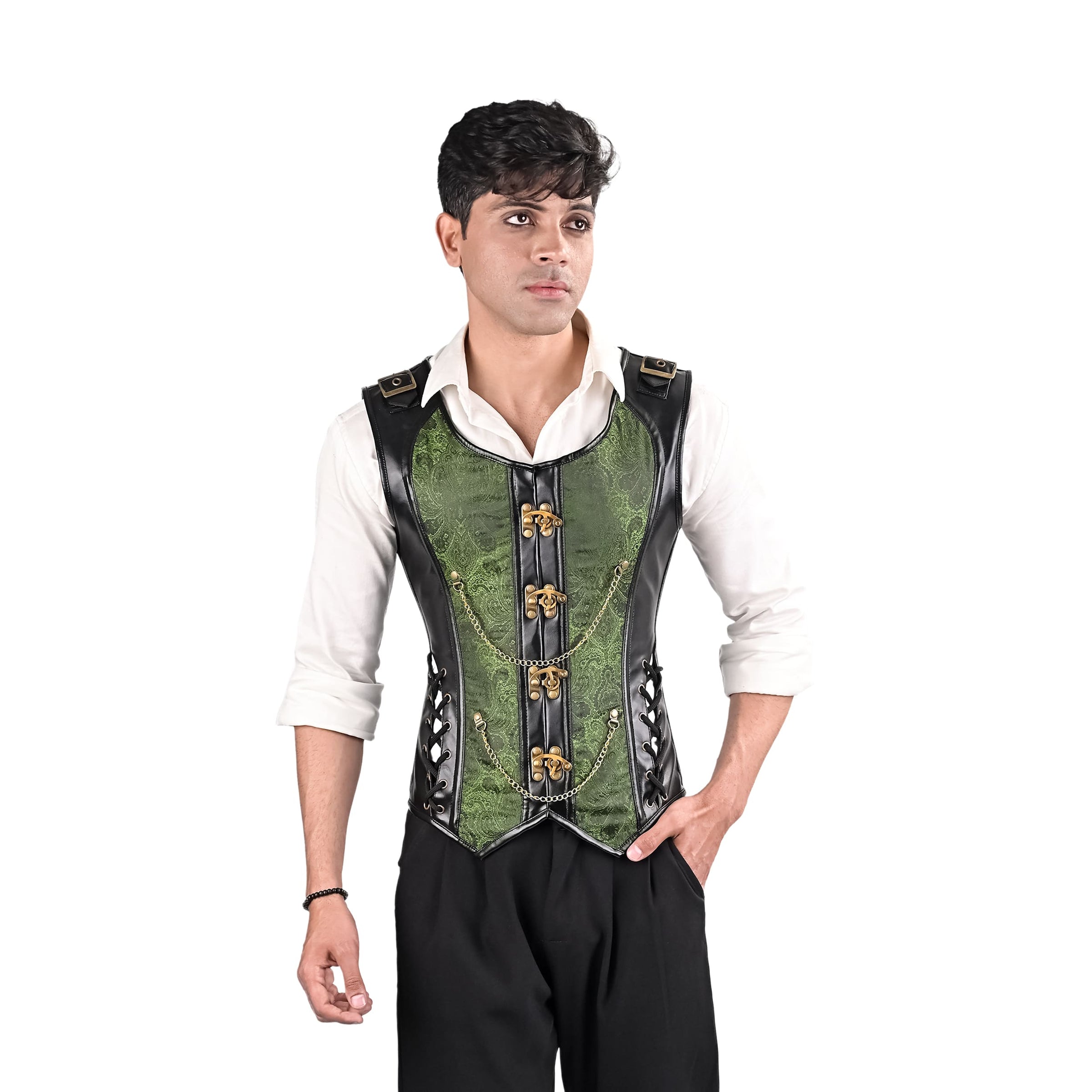 Mens Gothic Green Brocade Corset Vest with Leather Details