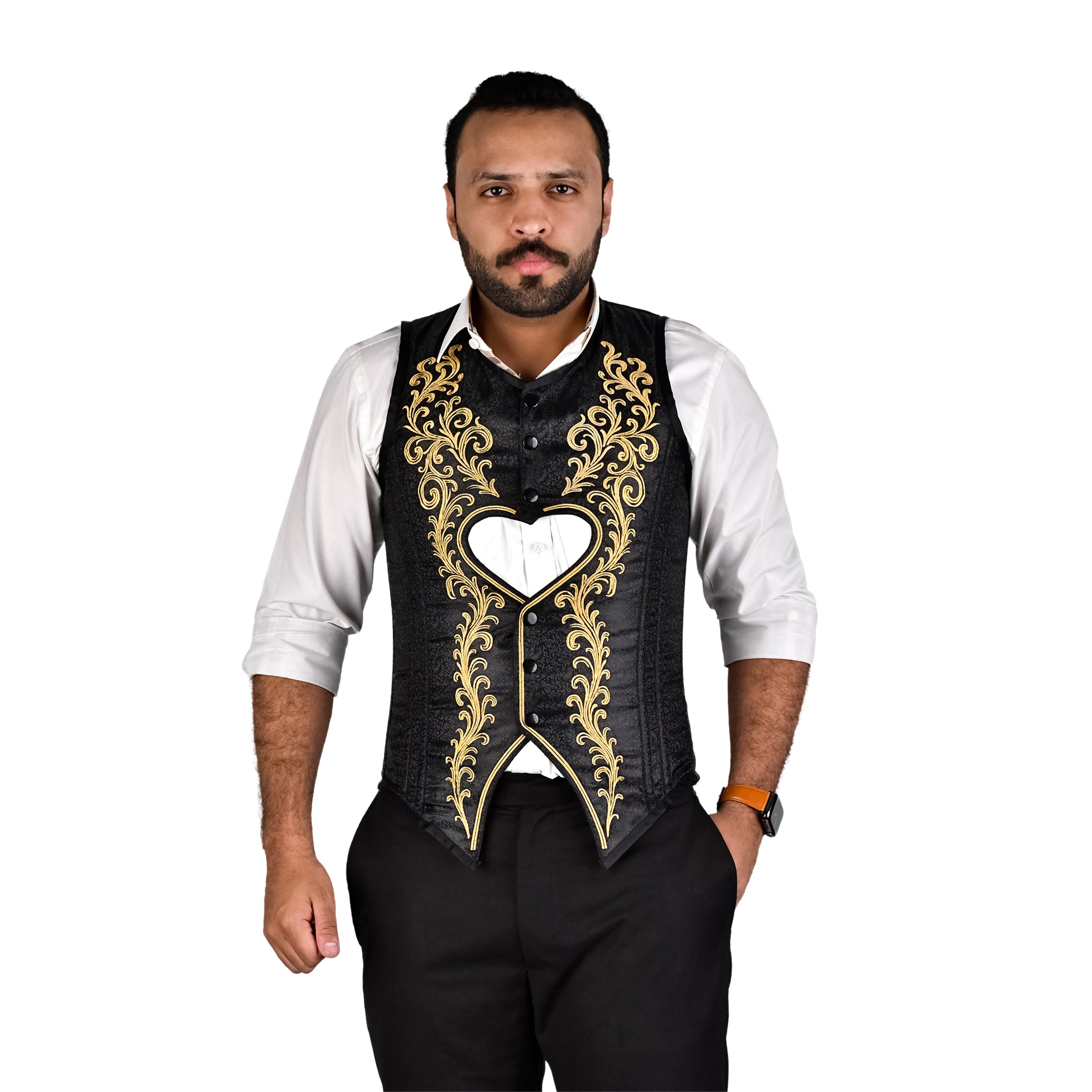 Mens Victorian Style Brocade Corset Vest with Heart Cutout