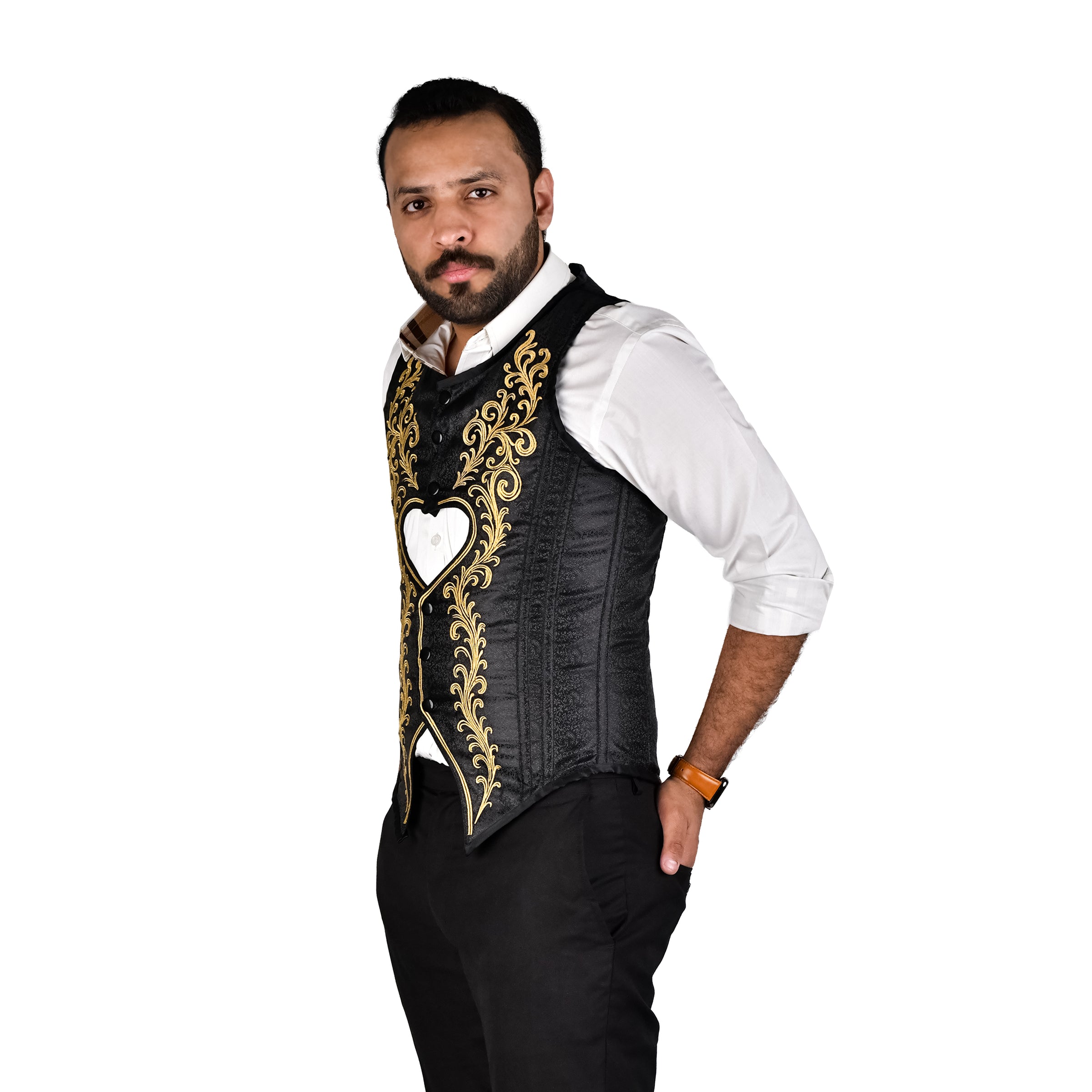 Mens Victorian Style Brocade Corset Vest with Heart Cutout