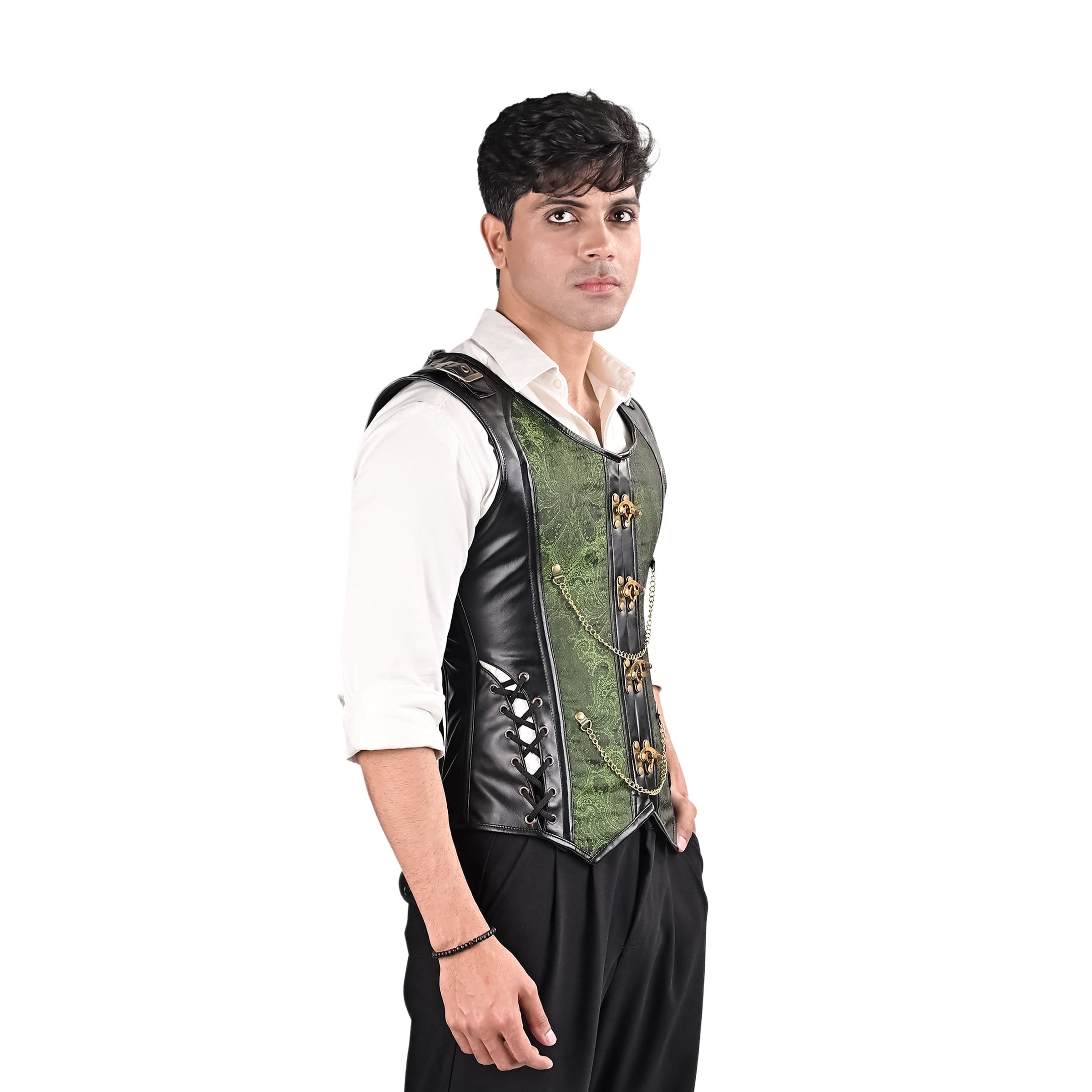 Mens Gothic Green Brocade Corset Vest with Leather Details