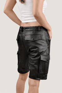 Womens Black Real Leather Cargo Shorts with Side Pockets