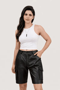 Womens Black Real Leather Cargo Shorts with Side Pockets