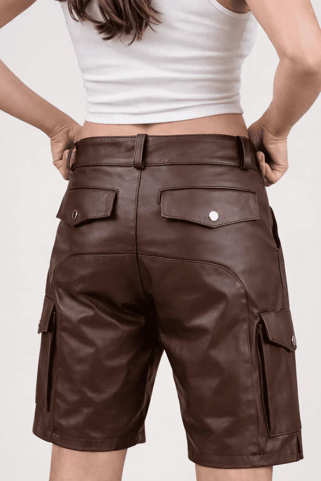 Womens Brown Real Leather Cargo Shorts with Side Pockets