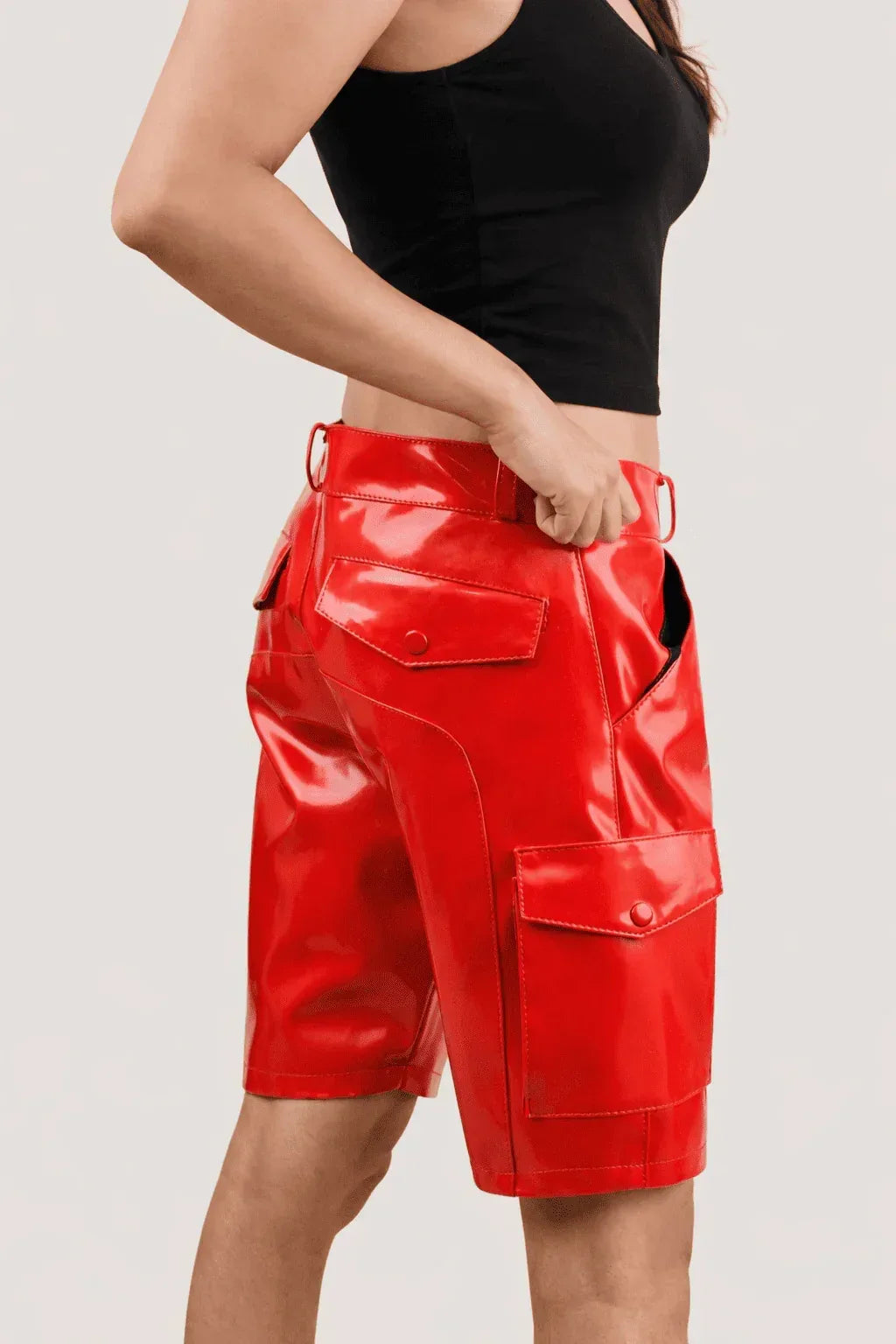 Womens White PVC Cargo Shorts with Back Pockets