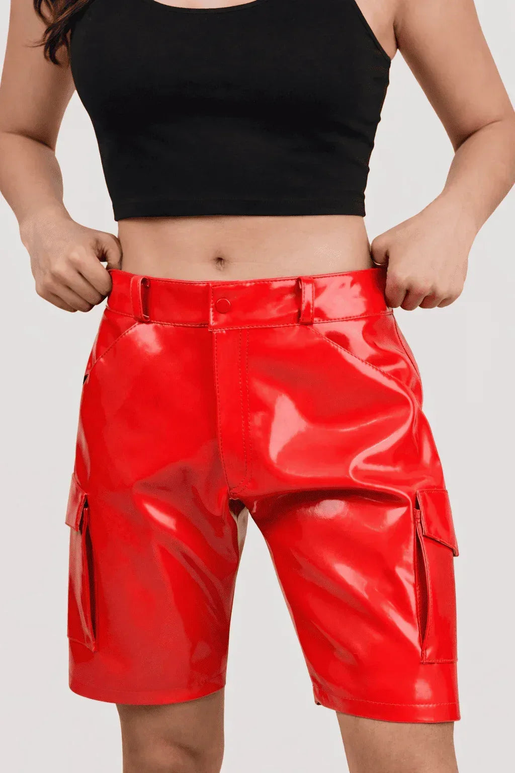 Womens White PVC Cargo Shorts with Back Pockets
