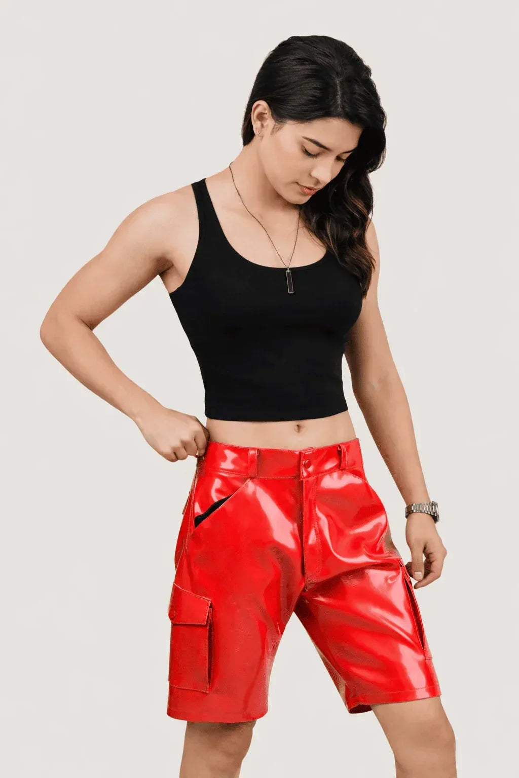 Womens White PVC Cargo Shorts with Back Pockets