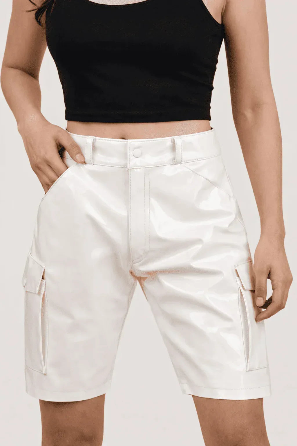 Womens White PVC Cargo Shorts with Back Pockets