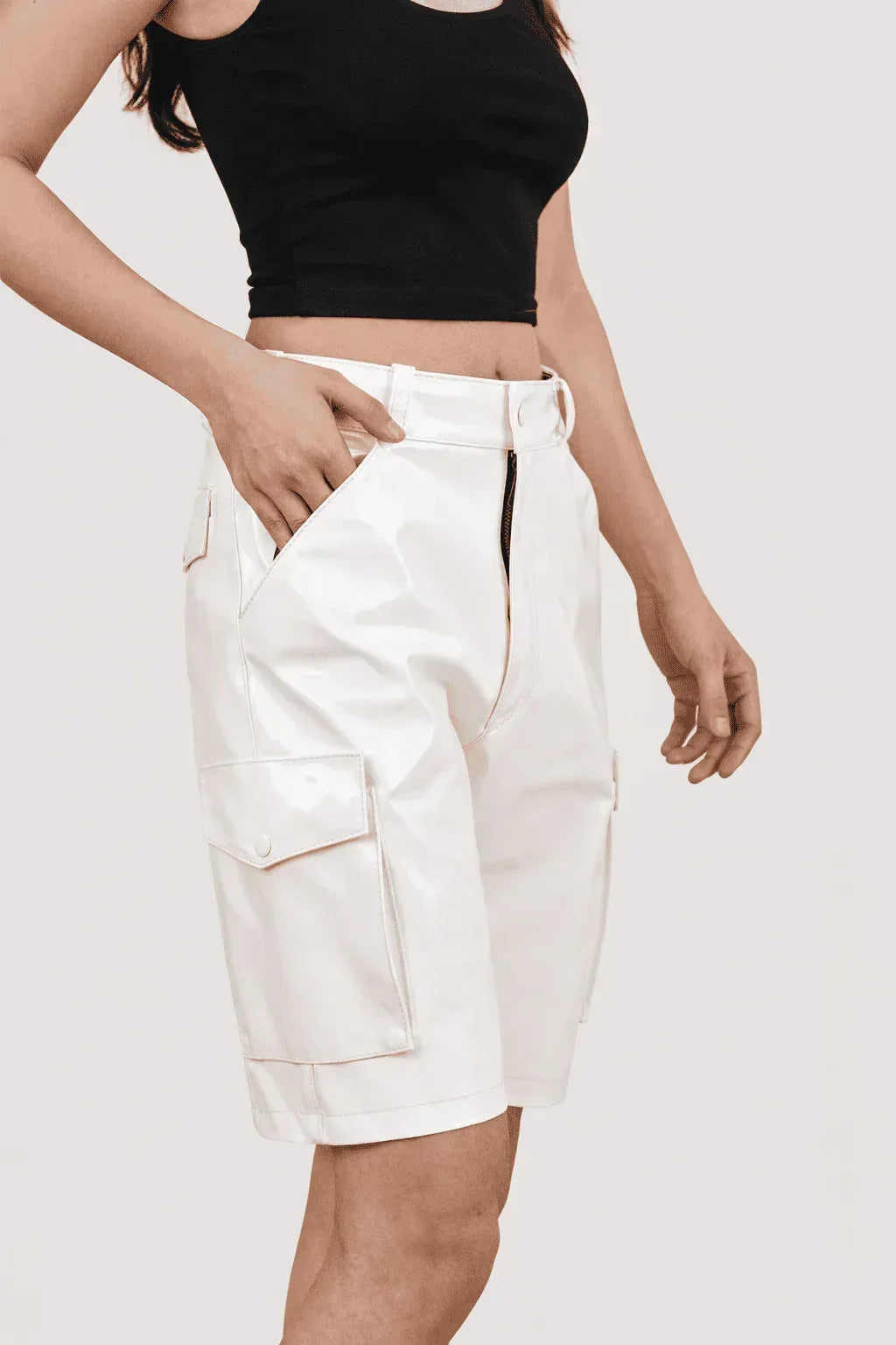 Womens Red PVC Cargo Shorts with Back Pockets