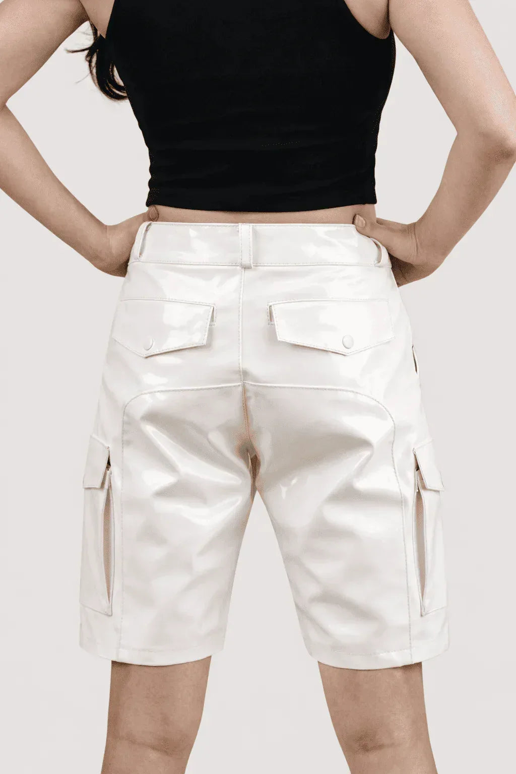 Womens White PVC Cargo Shorts with Back Pockets