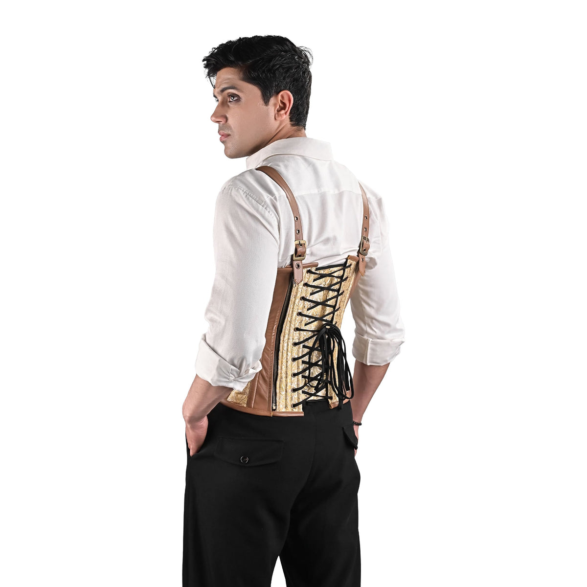 Gold Brocade Mens Corset with Leather Harness
