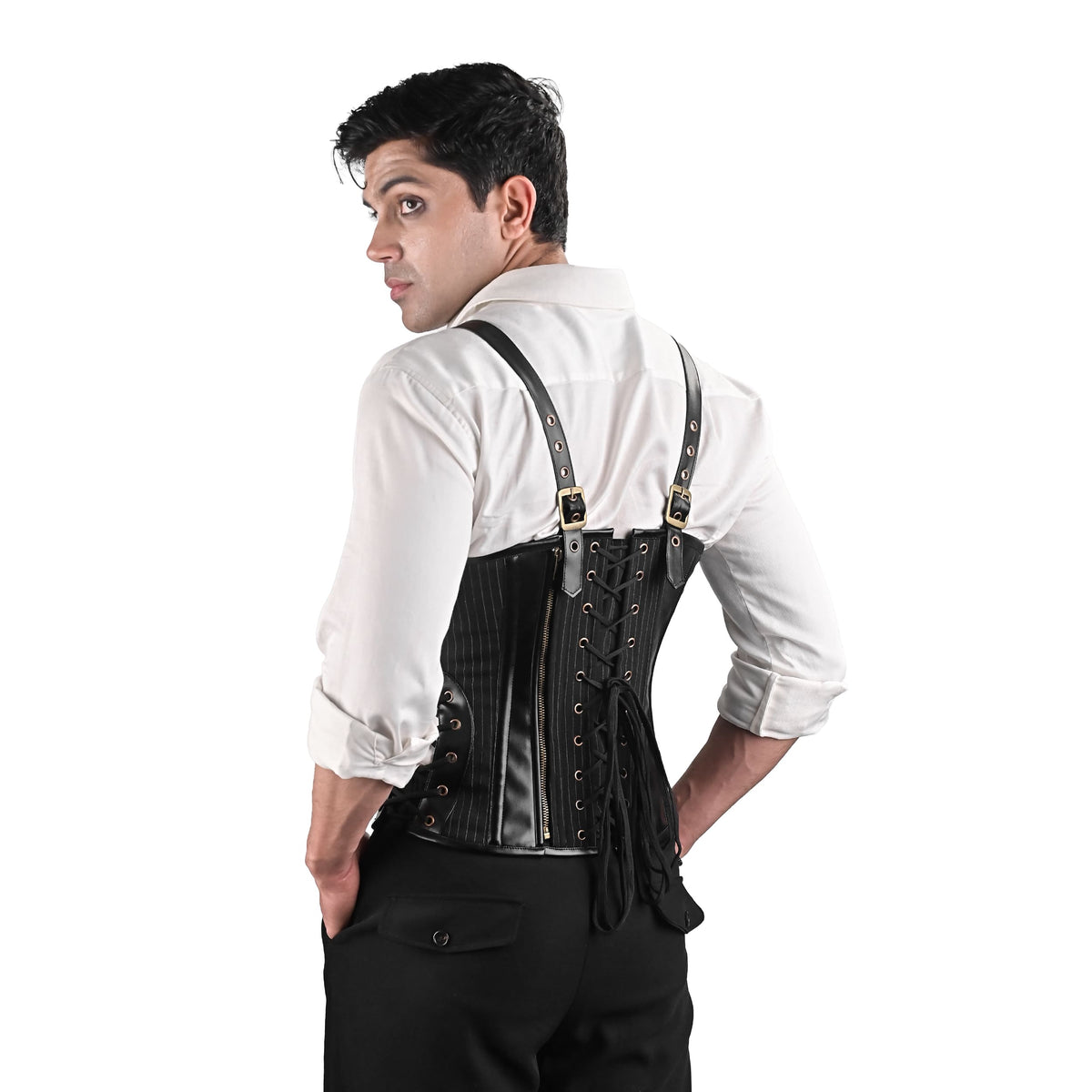 Black Pinstripe Mens Corset Vest with Leather Harness