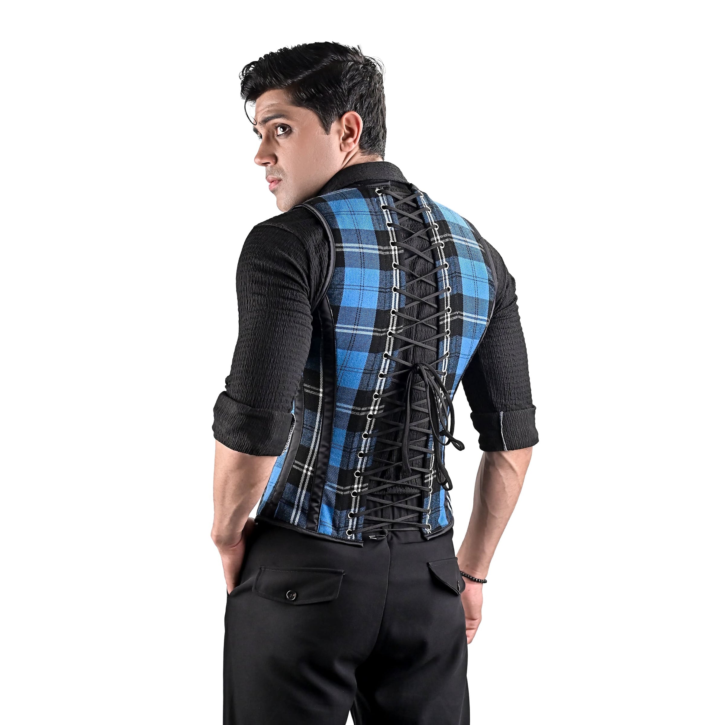 Mens Blue Tartan Corset Vest with Classic Scottish Flair