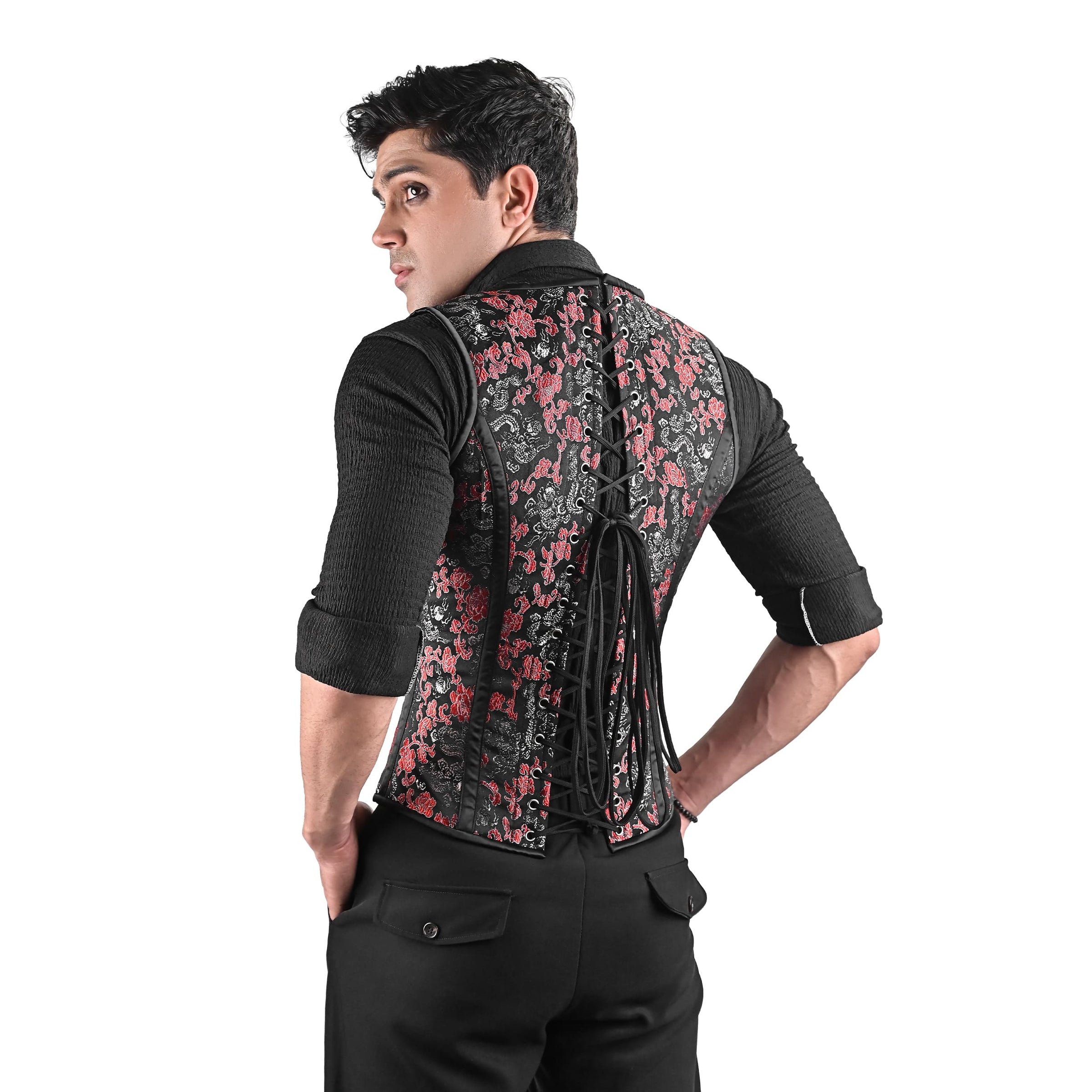Mens Black & Red Brocade Corset Vest with Heart Detail