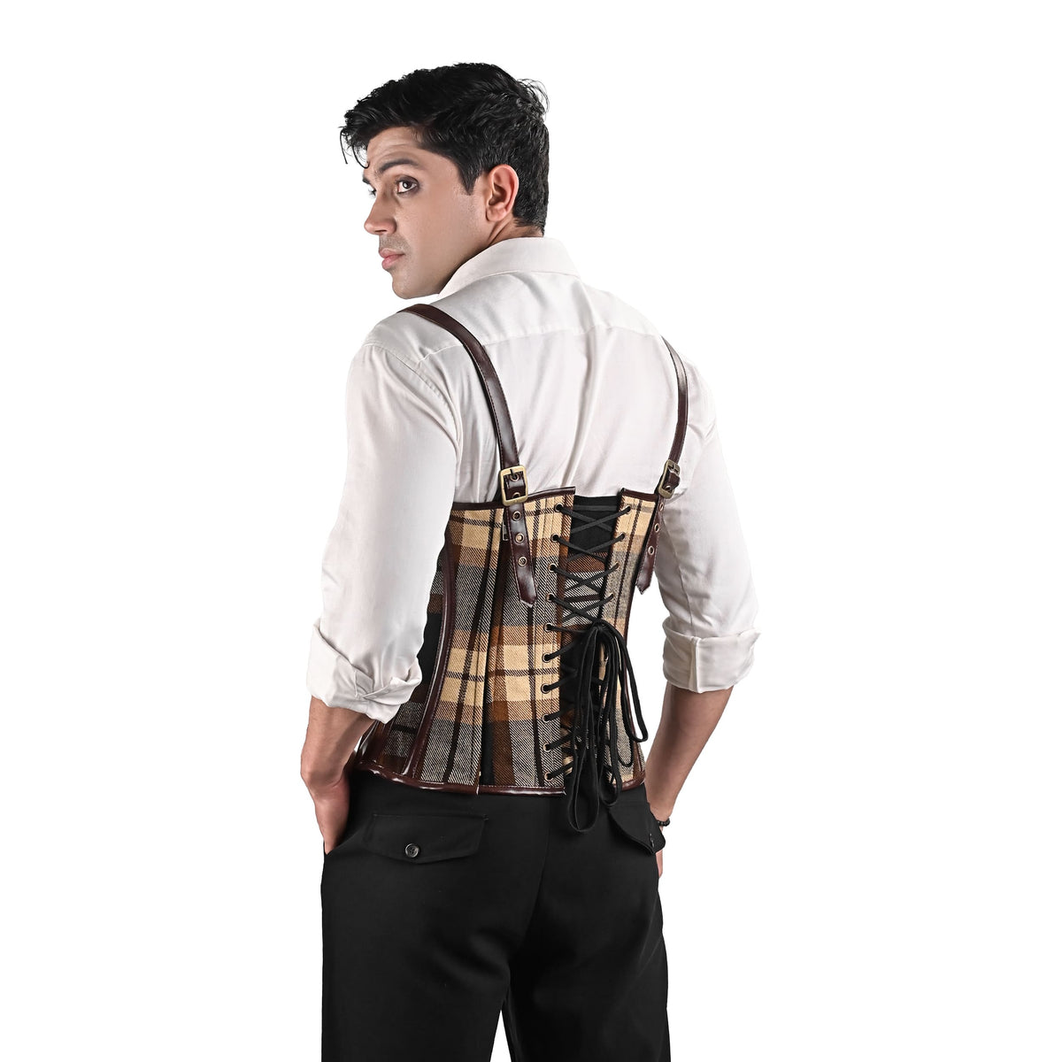 Brown Tartan Mens Corset Vest with Leather Harness