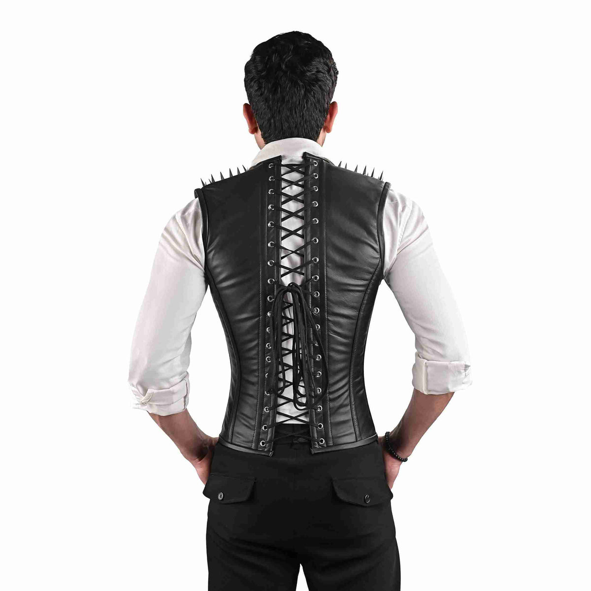 Black Leather Mens Corset Vest with Spiked Shoulders
