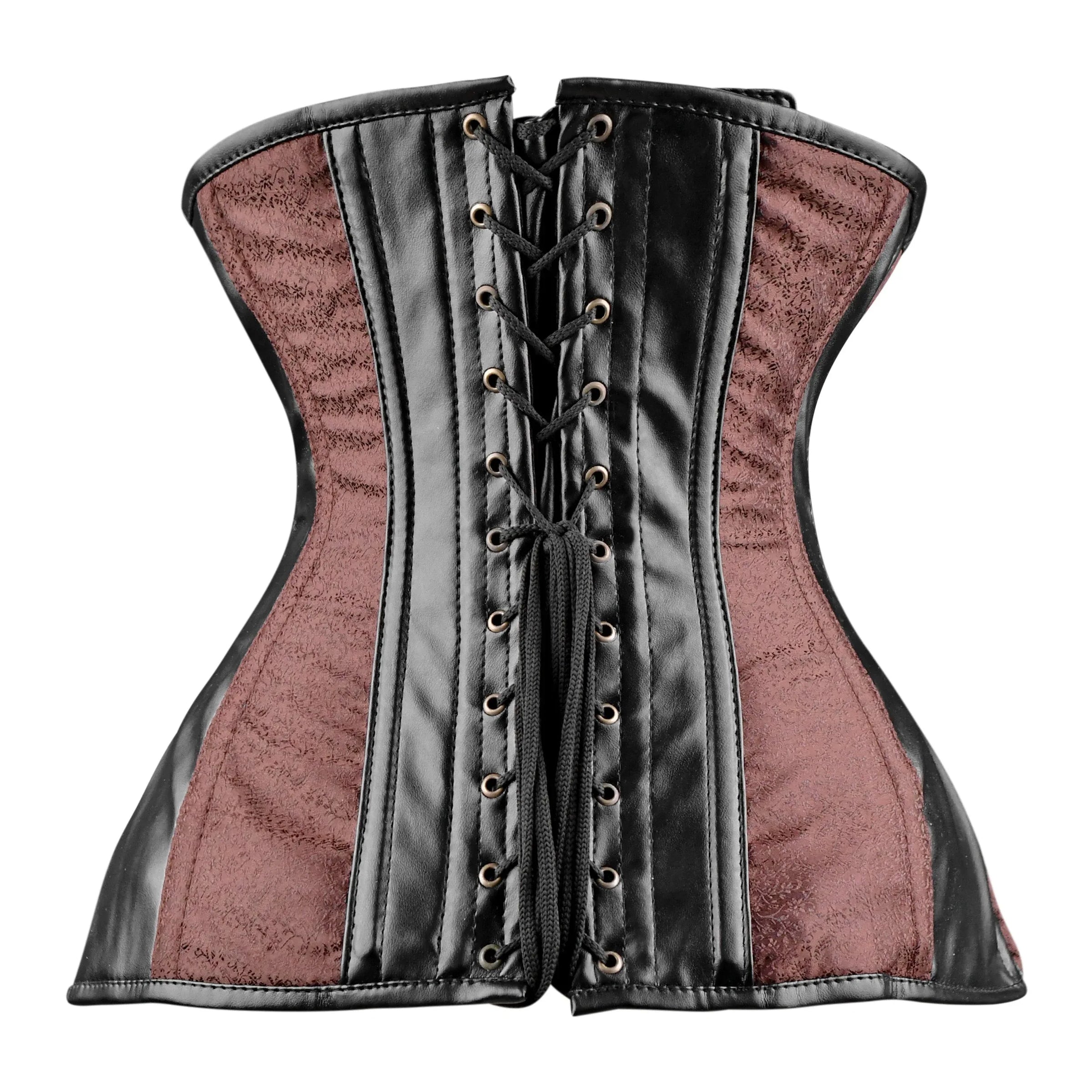 Brown Brocade Under bust Corset with Black Leather Strips