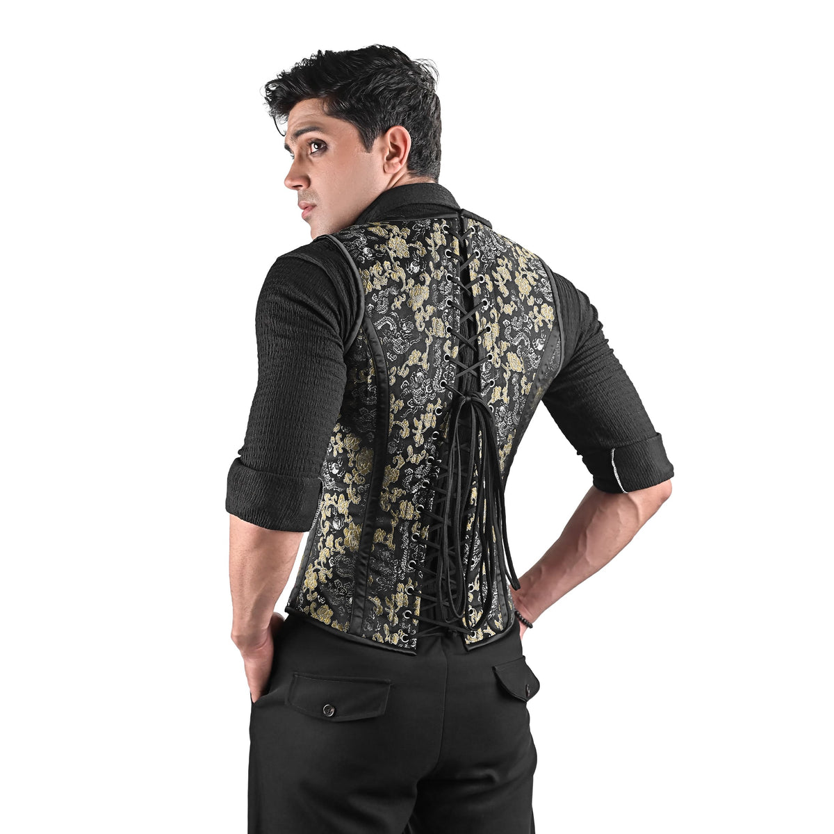 Mens Black & Gold Brocade Corset Vest with Heart Design