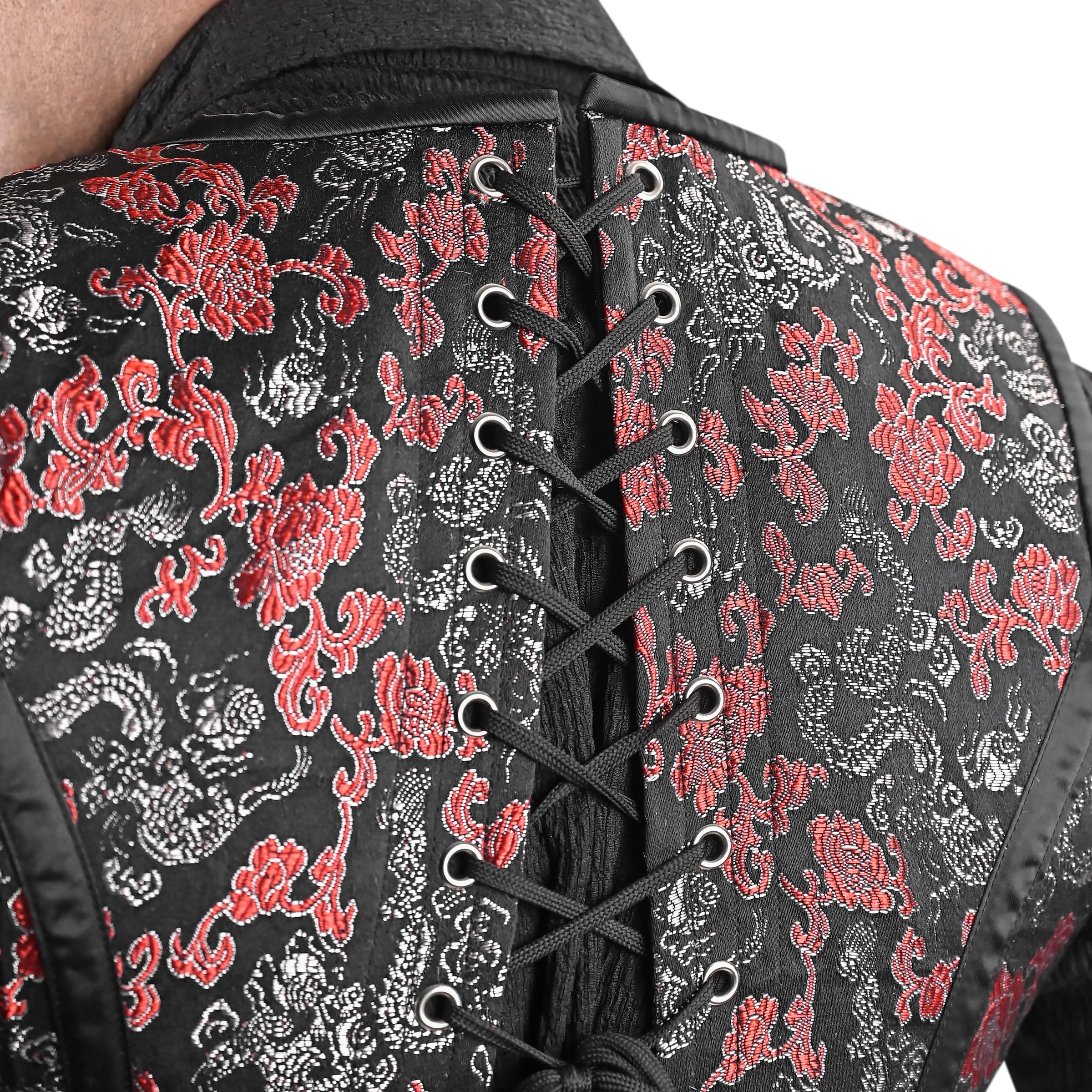 Mens Black & Red Brocade Corset Vest with Heart Detail
