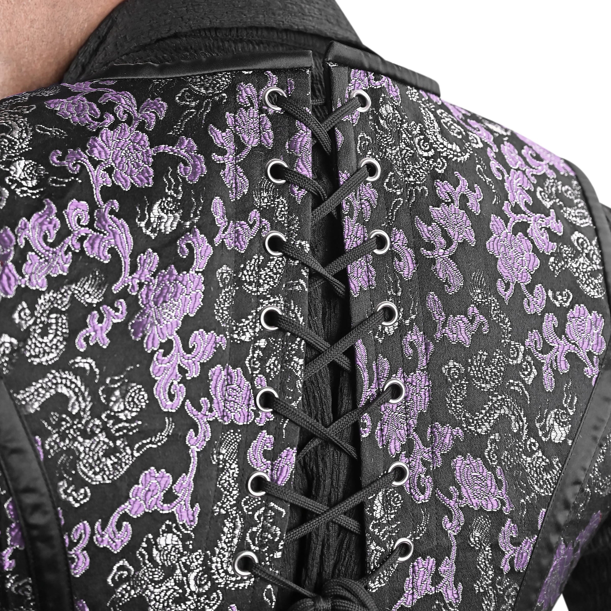 Mens Black & Purple Brocade Corset Vest with Silver Heart Detail