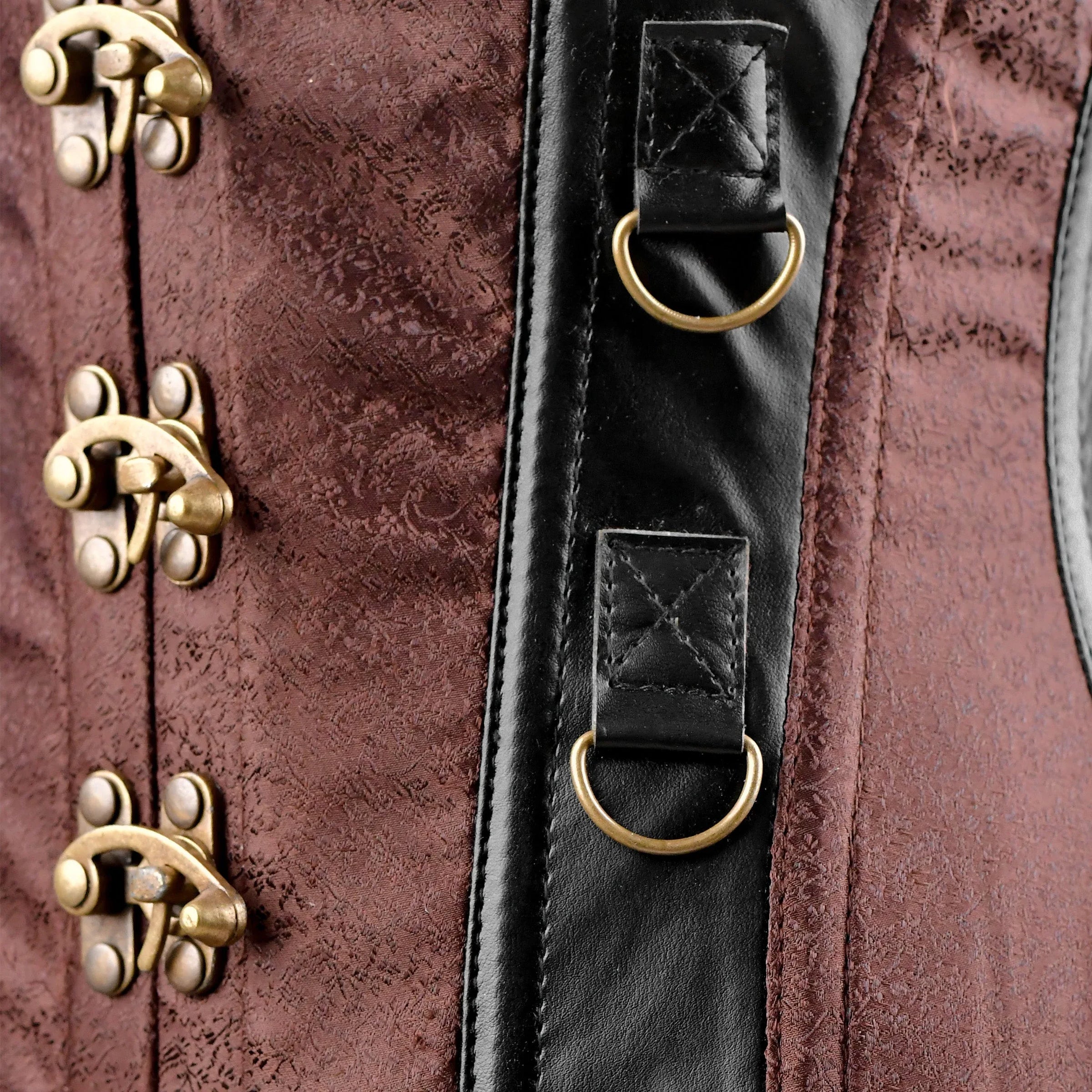 Brown Brocade Under bust Corset with Black Leather Strips