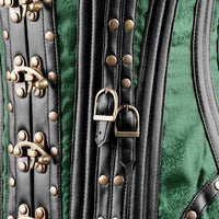 Green Brocade Under bust Corset with Black Leather Details