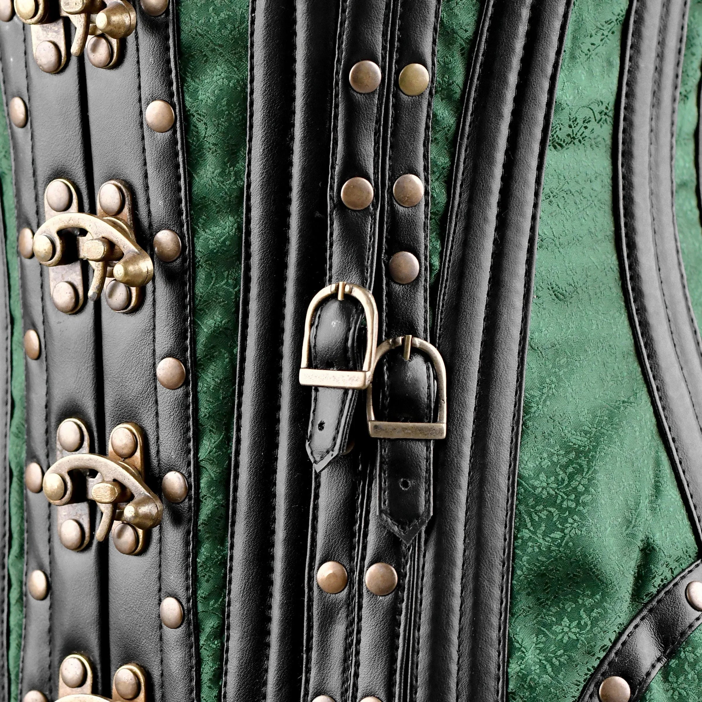 Green Brocade Under bust Corset with Black Leather Details