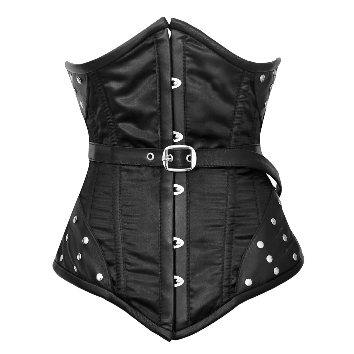 Black corset with silver buckles on a white background