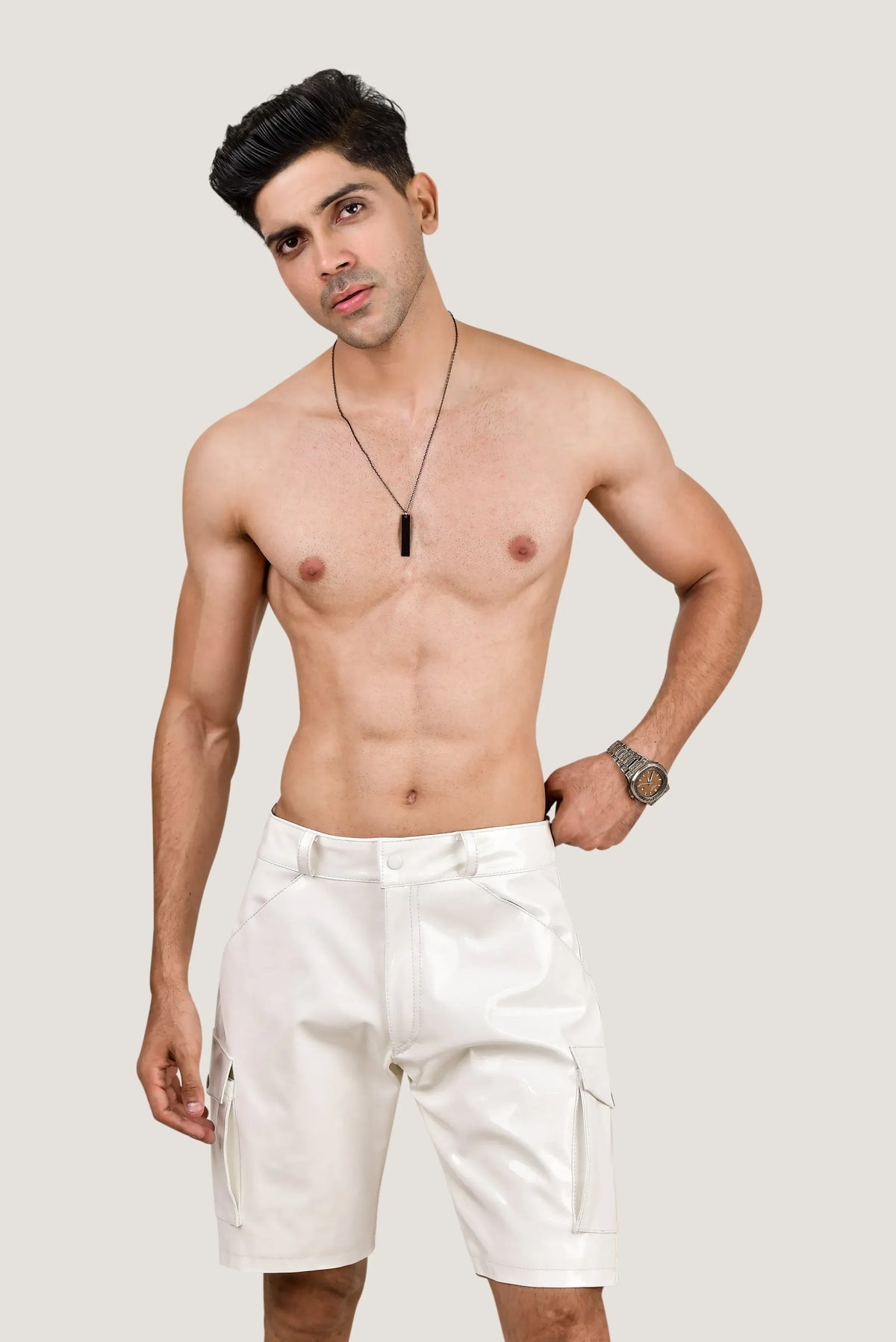 Men's White PVC Cargo Shorts – Shiny Vinyl Look with Back Pockets