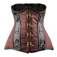 A green brocade underbust corset with brown leather detailing and gold-toned accessories, featuring front clasps and decorative elements.
