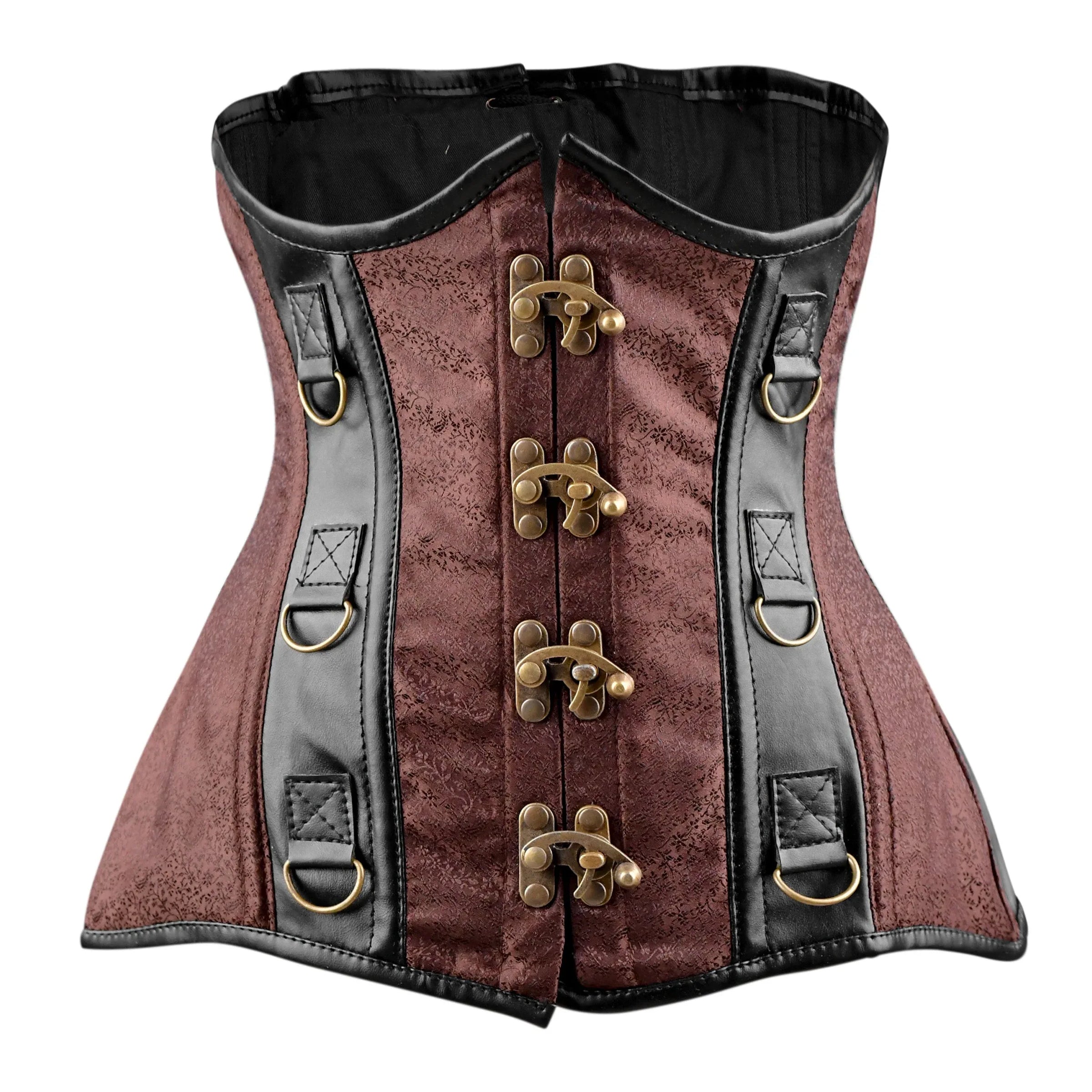 A green brocade underbust corset with brown leather detailing and gold-toned accessories, featuring front clasps and decorative elements.