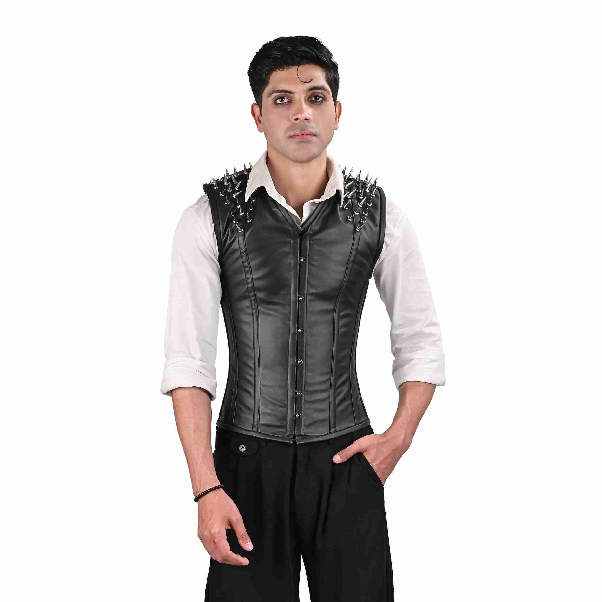 Black Leather Mens Corset Vest with Spiked Shoulders – Miss