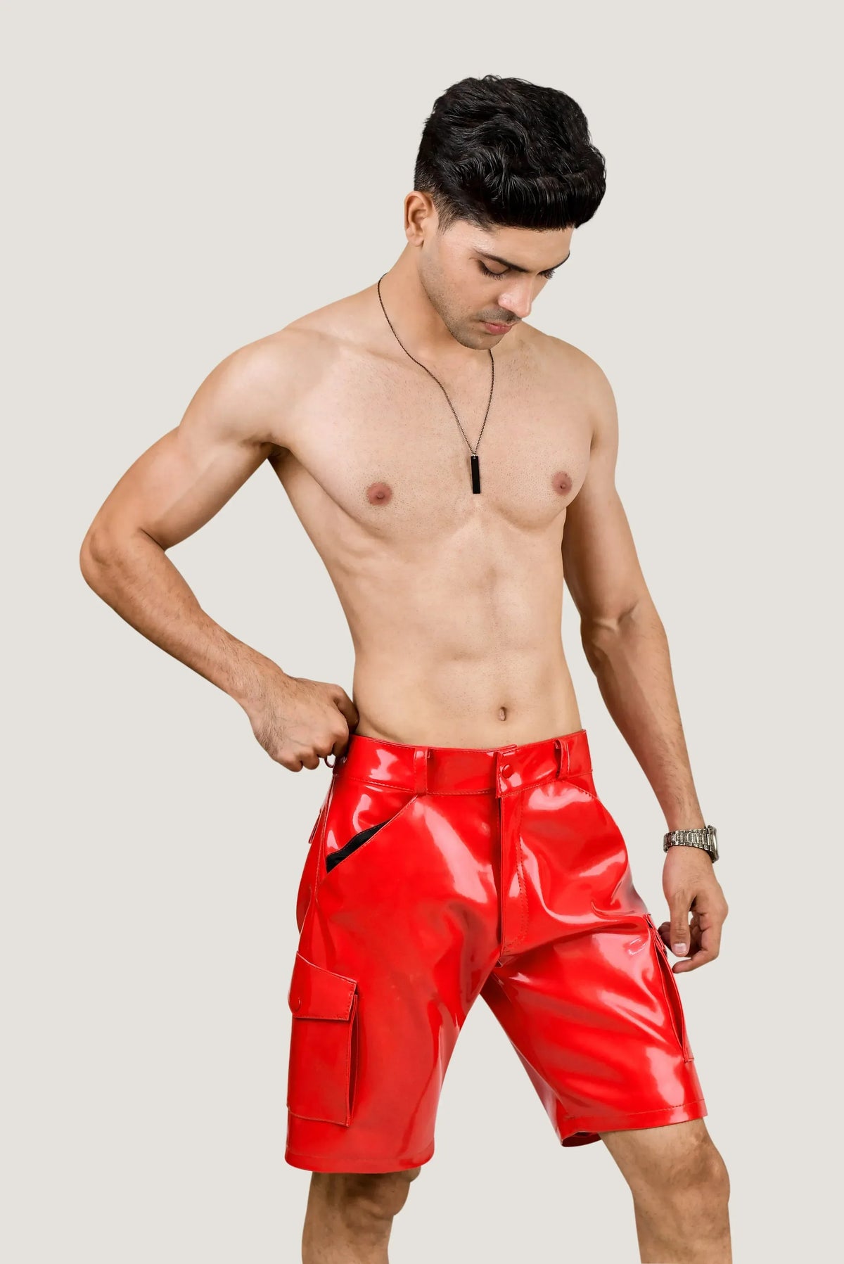 Men's Red PVC Cargo Shorts – Shiny Vinyl Finish with Back Pockets