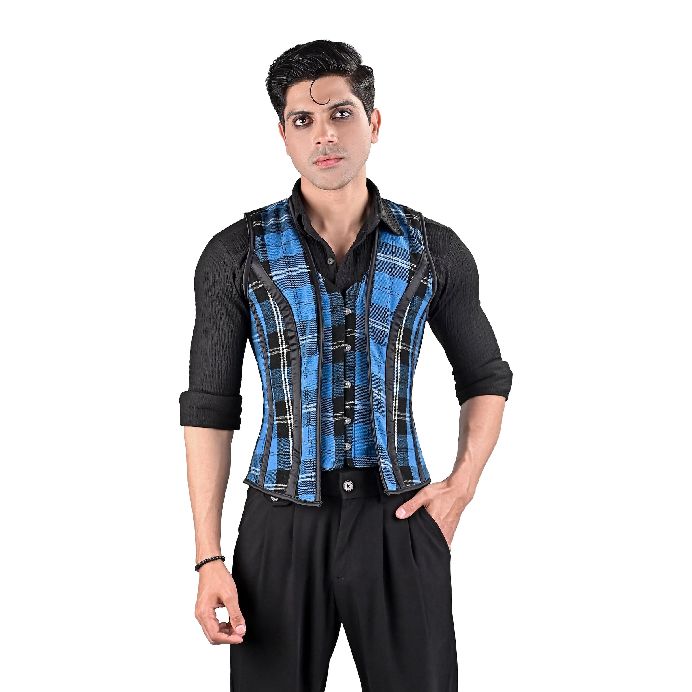 Mens Blue Tartan Corset Vest with Classic Scottish Flair
