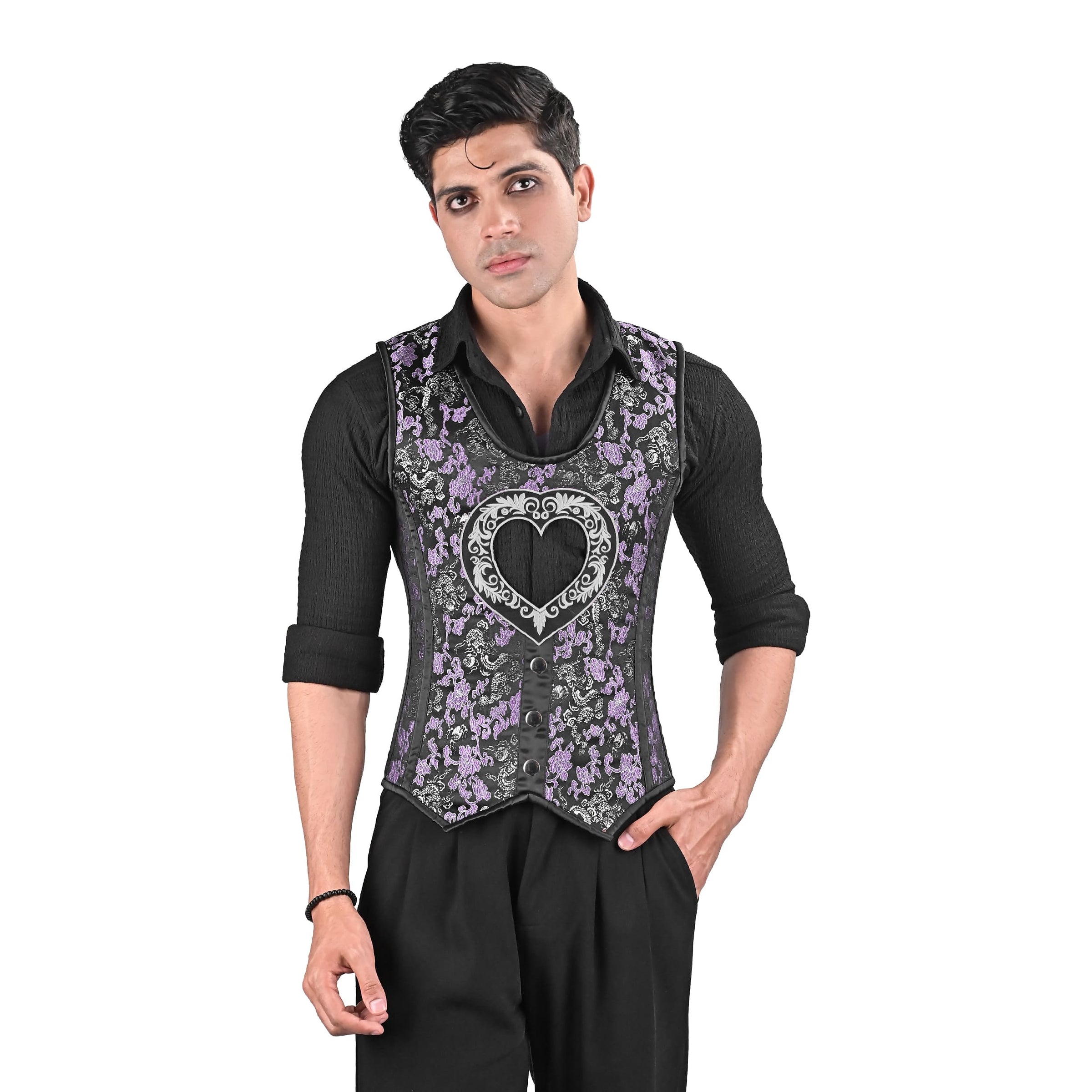 Mens Black & Purple Brocade Corset Vest with Silver Heart Detail