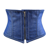 Blue denim waist trainer with a zipper on a white background
